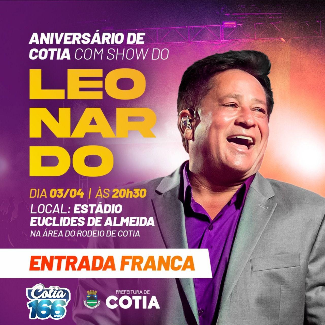 Show gratuito com o Leonardo marca a celebração dos 166 anos de Cotia