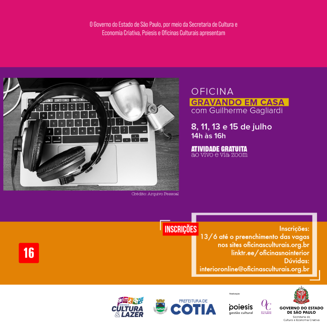 INSCRIÇÕES ABERTAS PARA OFICINAS GRATUITAS EM PARCERIA COM A POIESIS