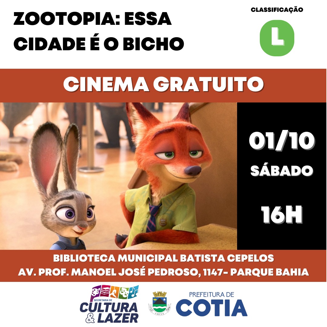 <strong>Sábado (1º/10) tem sessão de cinema com o filme Zootopia: essa cidade é o bicho</strong>