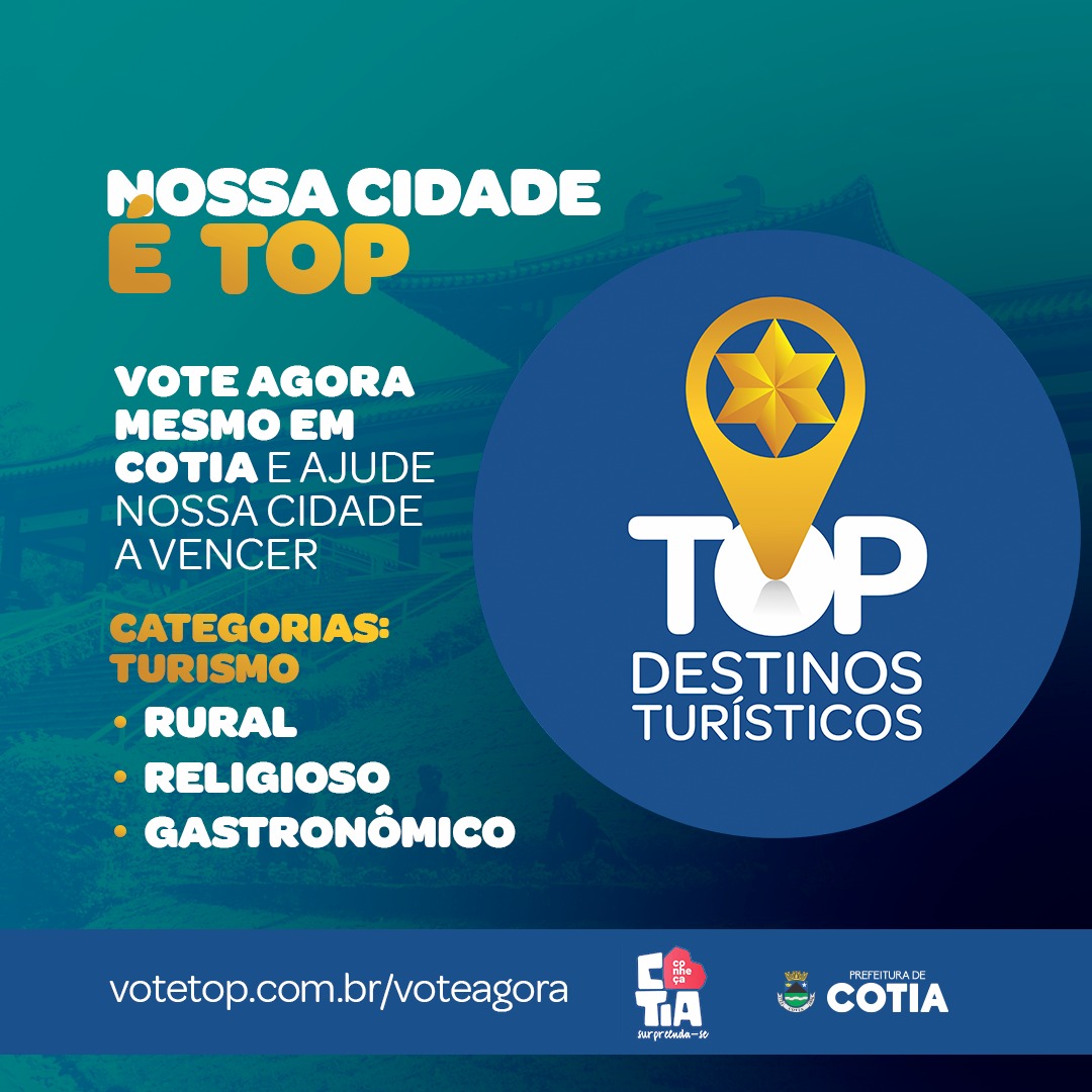 POPULAÇÃO PODE VOTAR EM COTIA NO PRÊMIO TOP DESTINOS TURÍSTICOS ATÉ SEXTA-FEIRA, 26 DE MAIO