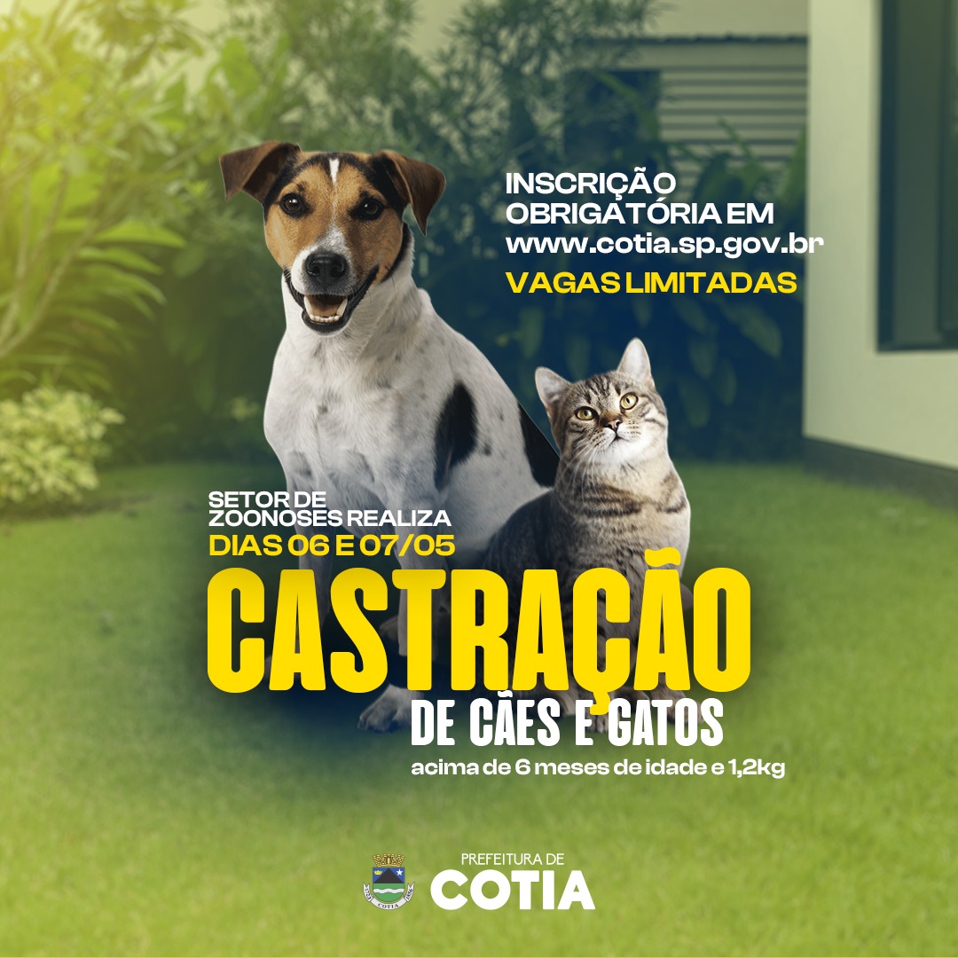 COTIA ABRE INSCRIÇÕES PARA CASTRAÇÃO DE CÃES E GATOS QUE ACONTECE NOS DIAS 6 E 7/05