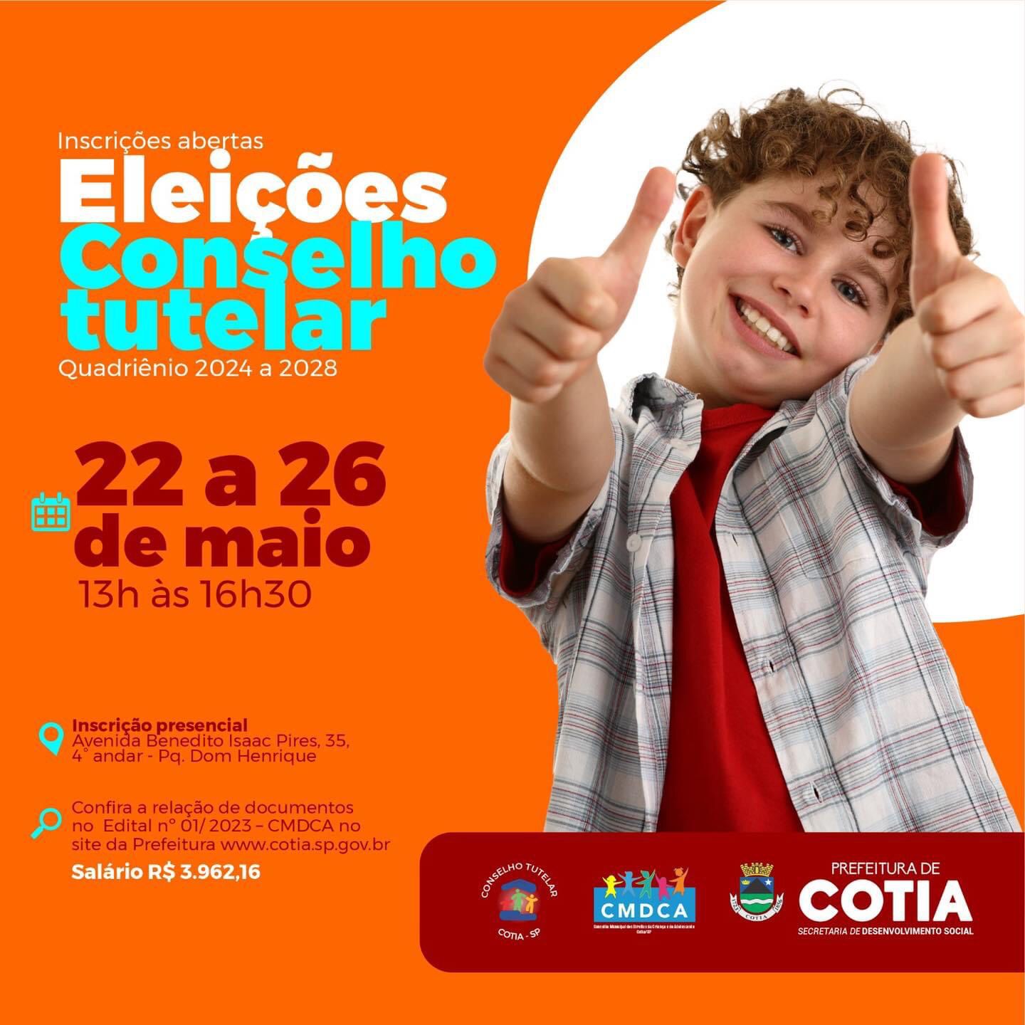 PRAZO DE INSCRIÇÕES PARA ELEIÇÃO DO CONSELHO TUTELAR DE COTIA TERMINA DIA 26 DE MAIO